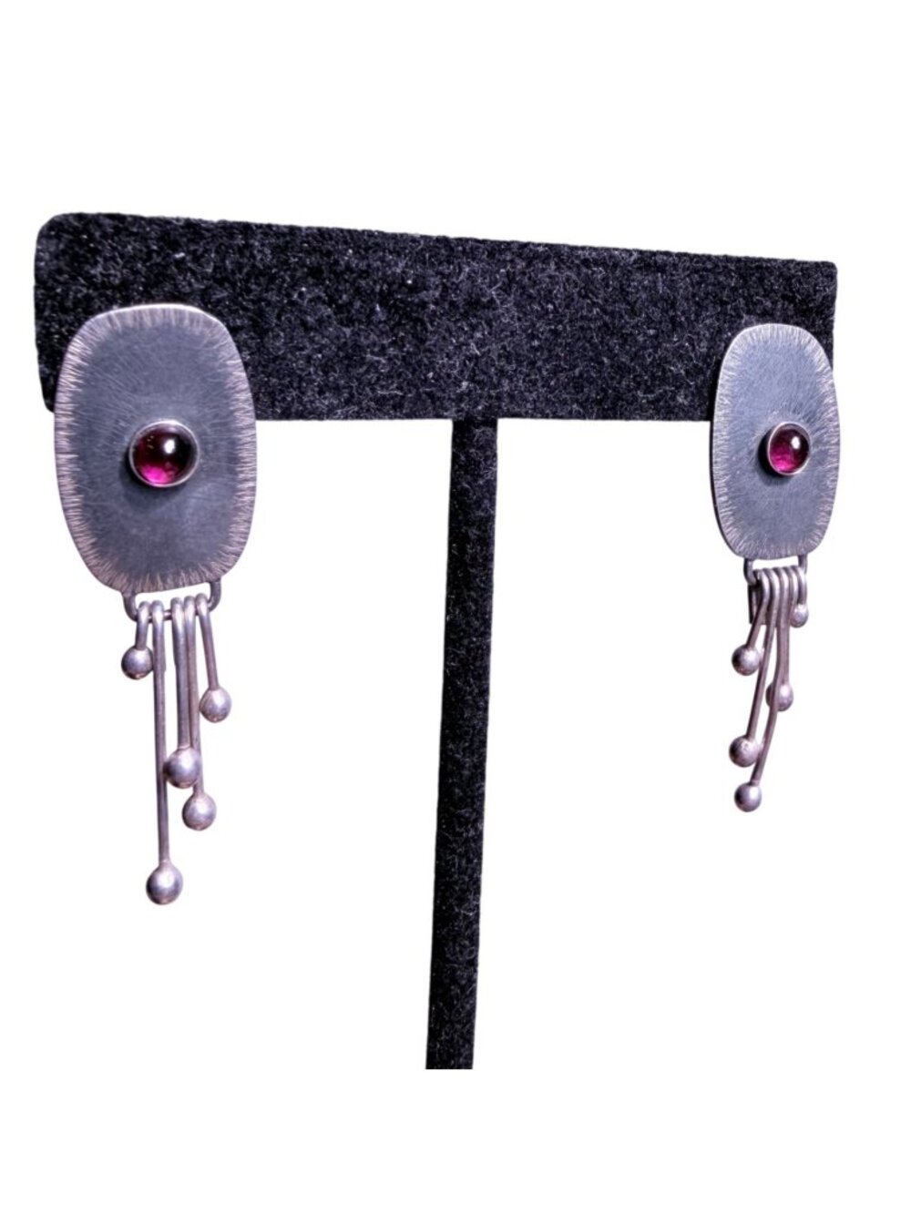 Handcrafted Oxidized Silver Dangle Earrings Red Stone Accent Modern Abstract